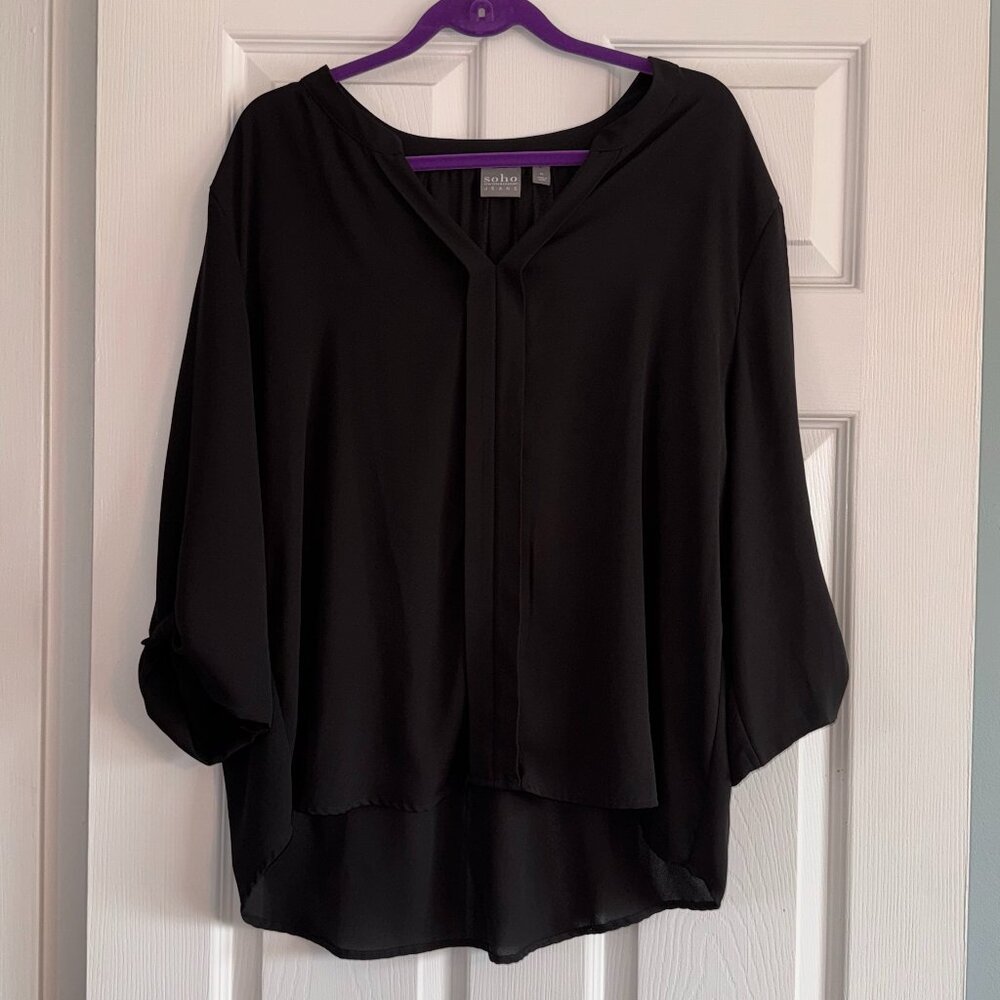 Soho Jeans NY&Co Black V-Neck Blouse XL | Roll-Tab Sleeves | Flowy Work Top